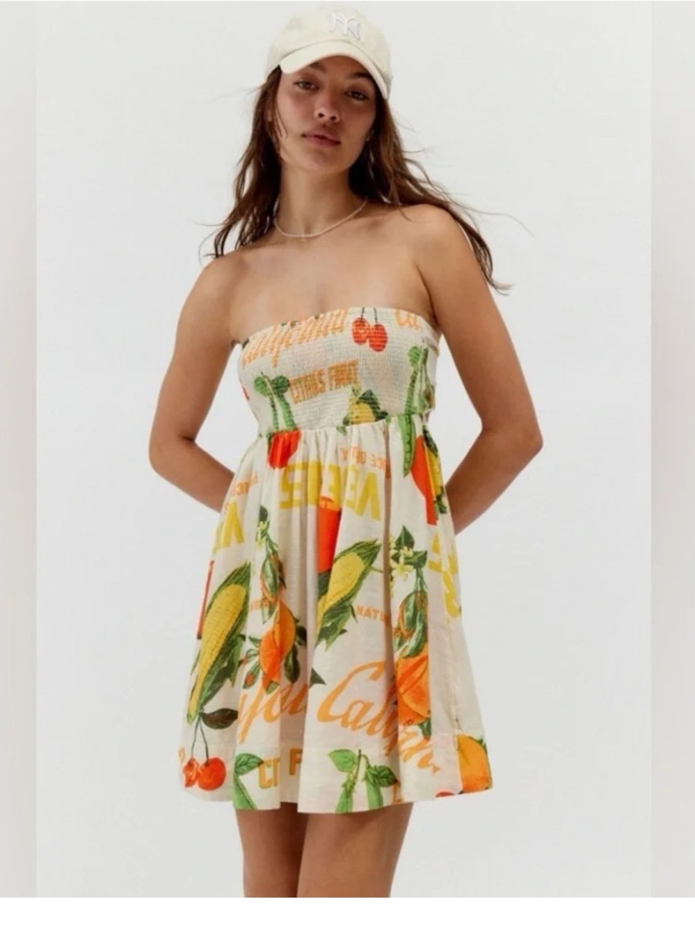 BDG Strapless Cream Fruit-Print Sundress